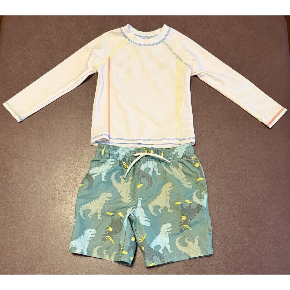 Bigs 4T Swim Outfit - Long Sleeve Wonder Nation Shirt, Carters Dino Swim Trunks